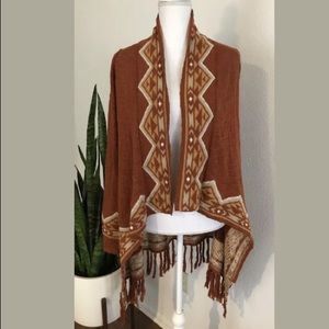 Oh MG! Aztec Rust Fringe Waterfall Cardigan XS